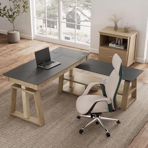 L Shaped Standing Desk Ark EX, 60in Executive Adjustable Height Office Desk with Drawers,Computer Desk with Storage, Modern Executive Home Office,Oak Grey