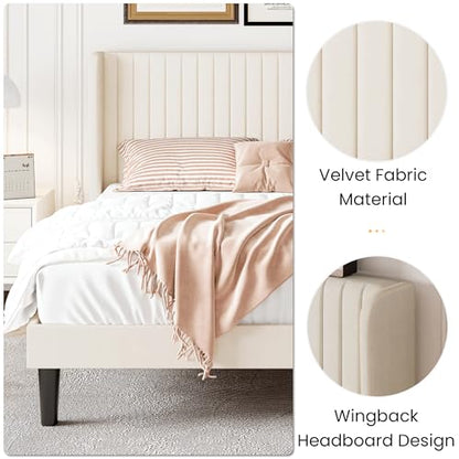 Queen Size Velvet Bed Frame with Vertical Channel Tufted Wingback Headboard, Upholstered Platform Bed with Wood Slats, No Box Spring Needed, Easy Assembly, Cream White