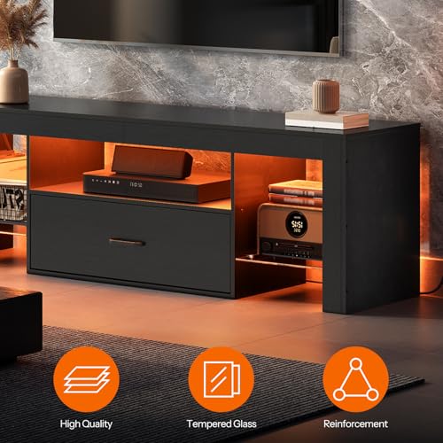 LED TV Stand with Power Outlets to 65 inch TV, Gaming Entertainment Center with Glass Shelves and Large Drawer, Modern Media TV Console Table for Living Room Bedroom, Black BB14UDDS01G1