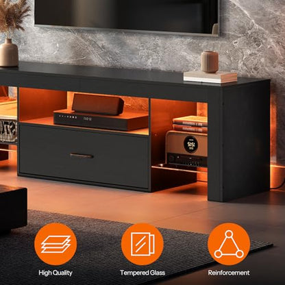 LED TV Stand with Power Outlets to 65 inch TV, Gaming Entertainment Center with Glass Shelves and Large Drawer, Modern Media TV Console Table for Living Room Bedroom, Black BB14UDDS01G1