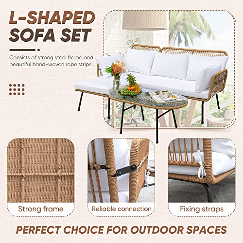 Outdoor Patio Furniture Set, Outdoor Sectional Conversation Rope Woven L-Shaped Sofa Set with Patio Table and Thick Cushions for Backyard Porch Balcony Garden, White