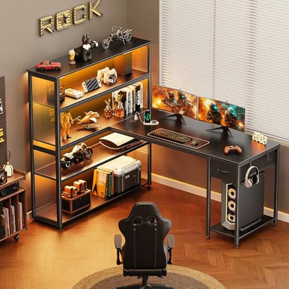 57 Inch L Shaped Gaming Computer Desk with Larger Open Cabinet, Reverisble Office Desk with Power Outlets, LED Lights, Work Desk, Fabric Drawer, Adjustable Wood and Mesh Shelf, Black