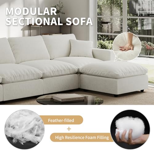 Modern Sectional Linen Couch for Living Room V-Shape Sofas,5 Seat Modular Cloud Sofas,Couches Cushion Covers Removable,Cozy Feather Down Sofa for Apartment Cream White