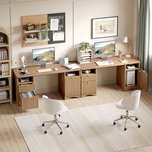 59 inch Office Desk with 2 Drawer, Computer Desk with File Cabinet & 2 Open Storage, Modern Fluted Wood Desk for Home Office Bedroom Study, Natual Oak