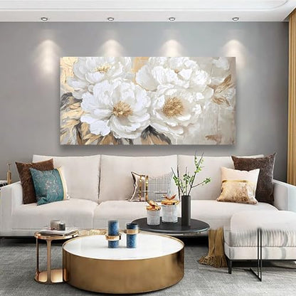 Platinum Peony Picture Print Canvas Wall Art Living Room Office Bedroom Wall Decor Floral Wall Art Prints Modern Gold White Landscape Artwork Waterproof Ready to Hang - 20x40 inches