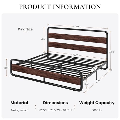 King Size Metal Bed Frame with Wooden Headboard, Mahogany, view 3