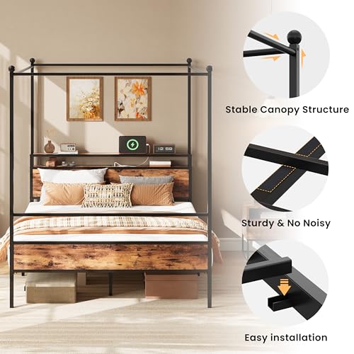 Canopy Bed Frame Queen with Storage Headboard & Charging Station, view 7