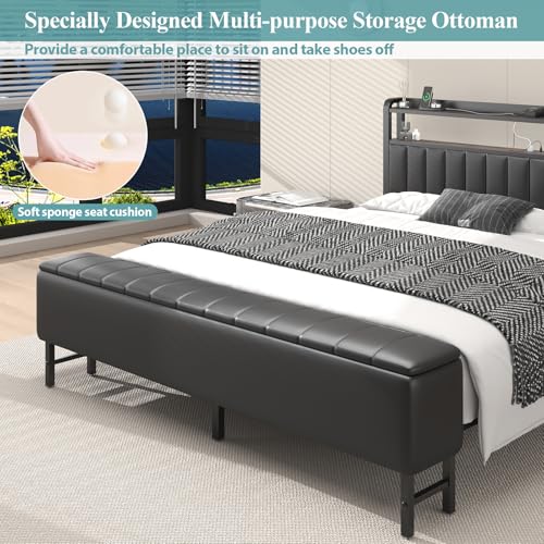 King Size Platform Bed Frame with Storage Headboard, Star Projector, Black, view 8