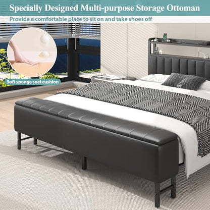 King Size Platform Bed Frame with Storage Headboard, Star Projector, Black, view 8