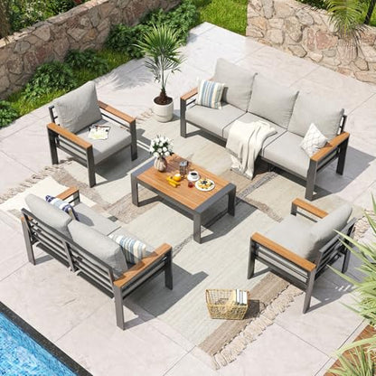 Aluminum Patio Furniture Set 7 Seats, Oversized Outdoor Sectional with Washable Thick Cushions, Coffee Table and Waterproof Cover, Patio Conversation Sets for Porch, Balcony, Deck