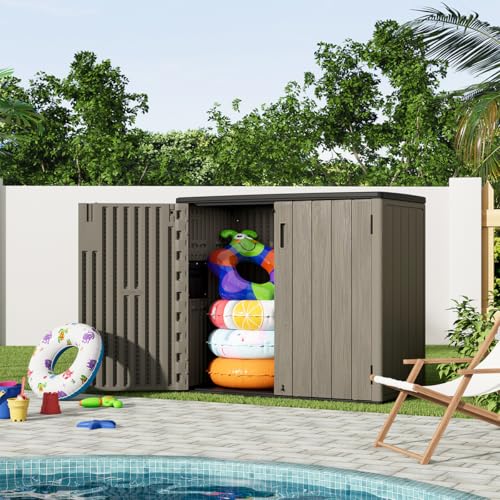 Outdoor Horizontal Storage Sheds,Outdoor Storage Cabinet Waterproof Resin Tool Storage Box for Lawn Mower,Garden Tools and Patio Furniture, Lockable (Brown)
