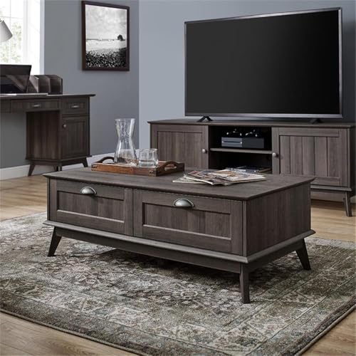 Wood Coffee Table with 2 Drawers, Smoke Oak Finish, 45 x 22 in, Engineered Wood and Metal, Durable Laminate, Scandinavian Design Living Room Table with Storage