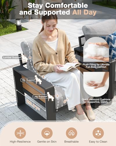 Aluminum Patio Furniture Set, 5 Seats Luxury Outdoor Sectional with 6" Olefin Fabric Cushions, Patio Conversation Sets with Coffee Table for Backyard, Porch Light Grey