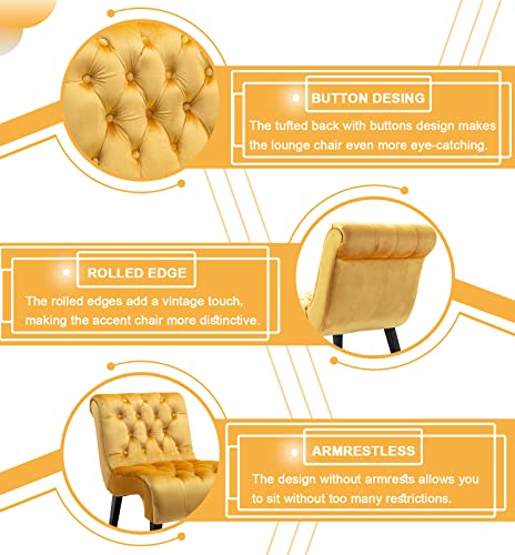 Comfy Velvet Accent Chair, Upholstered Armless Side Chair for Living Room, Modern Small Lounger with Tufted Back and Rolled Edge Design, Comfy Reading Chaise Lounge with Solid Rubber Wood Legs, Yellow