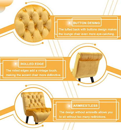 Comfy Velvet Accent Chair, Upholstered Armless Side Chair for Living Room, Modern Small Lounger with Tufted Back and Rolled Edge Design, Comfy Reading Chaise Lounge with Solid Rubber Wood Legs, Yellow