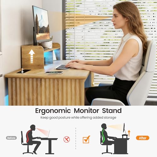 Computer Desk with Monitor Stand, 47 inch Home Office Desk with RGB LED Lights and Power Outlets, Writing Desk with Storage File Drawer for Working Gaming Writing, Wood