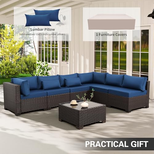 Outdoor Patio Furniture Set 7 Pieces Wicker Sectional Sofa Brown Rattan Conversation Couch with Coffee Table, Anti-Slip Thick Nave Blue Cushion