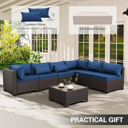 Outdoor Patio Furniture Set 7 Pieces Wicker Sectional Sofa Brown Rattan Conversation Couch with Coffee Table, Anti-Slip Thick Nave Blue Cushion
