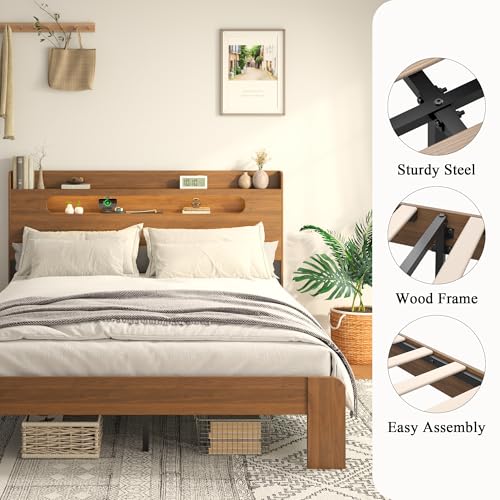 Wooden Queen Bed Frame with Storage Headboard, Farmhouse Platform, view 7