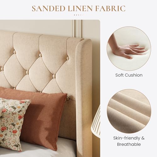 Queen Upholstered Bed Frame, Button Tufted Design, Beige, view 5