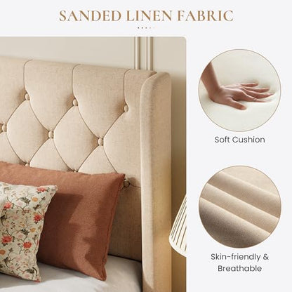 Queen Upholstered Bed Frame, Button Tufted Design, Beige, view 5