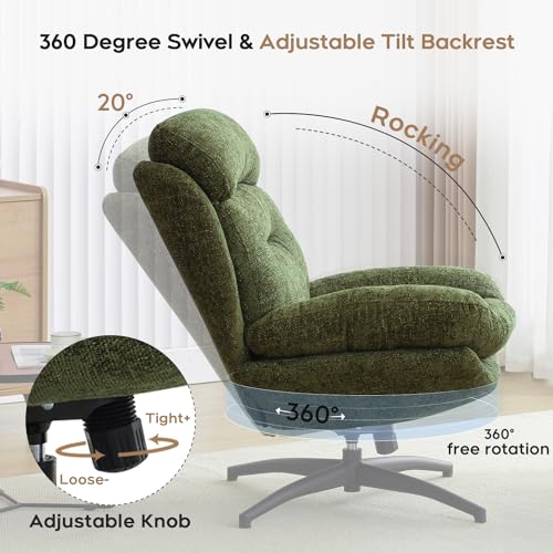 Swivel Accent Chair with Ottoman Set for Living Room, Chenille Comfy Reading Chair with High Back, TV Lounge Chair with 360 Degree Swiveling, Tilting for Bedroom, Modern Armchair with Footrest, Green