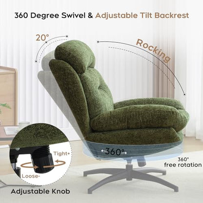 Swivel Accent Chair with Ottoman Set for Living Room, Chenille Comfy Reading Chair with High Back, TV Lounge Chair with 360 Degree Swiveling, Tilting for Bedroom, Modern Armchair with Footrest, Green