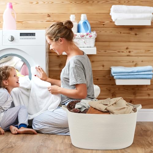 Large Rectangle Blankets Basket Living Room 22"x17"x12" Woven Cotton Rope Storage Baskets for Nursery Toy Baskets for Kids and Dogs Laundry Basket Bin for Clothes Towels white