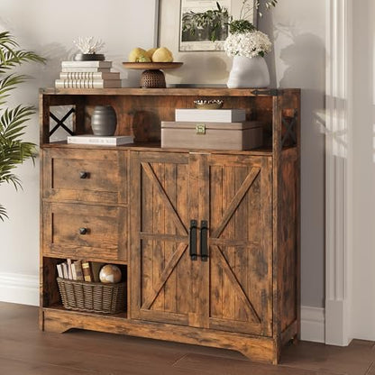 Farmhouse Storage Cabinet with Drawers and Open Storage, Brown | Freestanding Kitchen Pantry With 2 Barn Doors, Floor Cabinet With Adjustable Shelf for Living Room, Dining Room