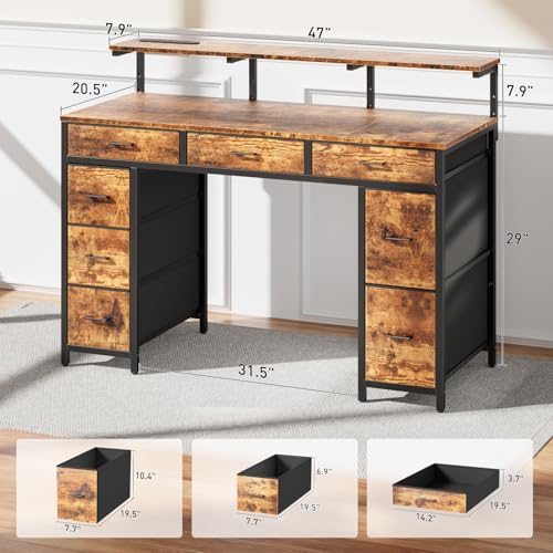 47 inch Computer Desk with 8 Storage Drawers, Gaming Desk with LED Lights & USB Power Outlets, Home Office Table with Monitor Stand, Study Writing Work Table for Bedroom, Rustic Brown
