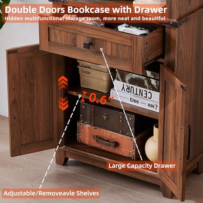 72in Tall Bookshelf 7 Tier Bookcase with Drawer and Barn Doors and Adjustable Shelves, Brown Farmhouse Book Shelf with Storage Cabinet, Wood Freestanding Display Bookshelves for Kitchen