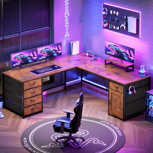63'' L Shaped Desk with 5 Drawers,Corner Desk with Monitor Shelf, view 5