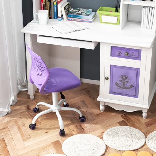 Desk Chair for Teen, Kids Armless Swivel Small Cute Low-Back Mesh Office Chair Comfy with Adjustable Height, Lumbar Support, Ergonomic Computer Study Chair in Home Bedroom School, Purple