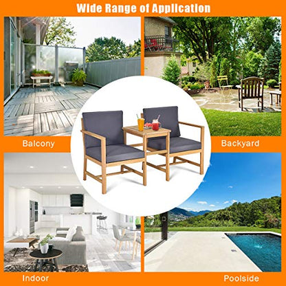 3 in 1 Acacia Wood Loveseat with Separable Coffee Table, 3-Piece Wooden Chairs Set with Cushions, 2-Seater Outdoor Furniture Set for Garden Backyard Balcony Patio Poolside (Natural Teak)