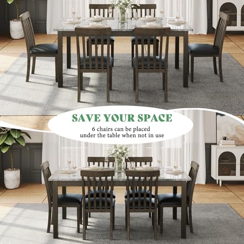 7-Piece Dining Table Set, 71" Faux Marble Modern Table with 6 PU Leather Upholstered Chairs, Heavy-Duty Solid Wood Set for Kitchen & Dining Room, Dark Brown