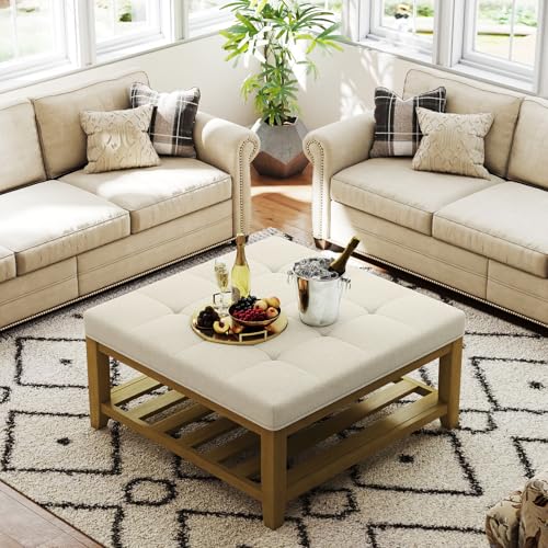 Large Square Ottoman Coffee Table, Linen Solid Upholstered Footrest Ottoman with Solid Wood Shelf Storage Tufted Coffee Table for Bedroom Living Room, Ivory