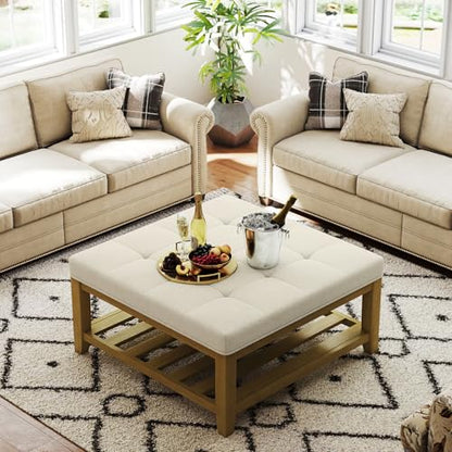 Large Square Ottoman Coffee Table, Linen Solid Upholstered Footrest Ottoman with Solid Wood Shelf Storage Tufted Coffee Table for Bedroom Living Room, Ivory