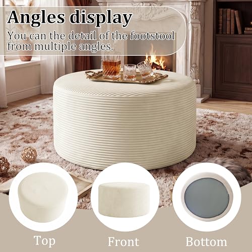 Round Ottoman,Corduroy Ottomans Foot Stool, 27.5" Pouf Footstool Ottomans Seat, Round Footrest, Modern Side Table for Living Room Bedroom Home Decor No Assembly Require (Beige, 27.5")