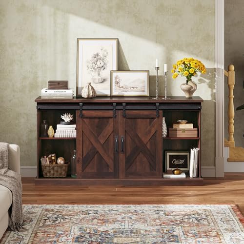 Farmhouse TV Stand for 65 Inch TV, Sliding Barn Doors, Brown, view 3
