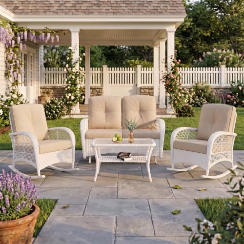 4-Piece Outdoor Patio White Wicker Conversation Sets, All Weather Outdoor Rattan Furniture Set Includes Glider Loveseat, Coffee Table, 2 Rocking Chairs with Cushions for Backyard, Beige