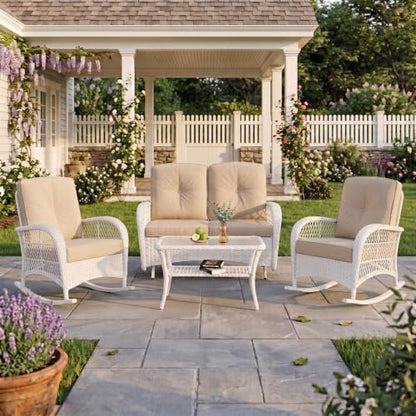 4-Piece Outdoor Patio White Wicker Conversation Sets, All Weather Outdoor Rattan Furniture Set Includes Glider Loveseat, Coffee Table, 2 Rocking Chairs with Cushions for Backyard, Beige