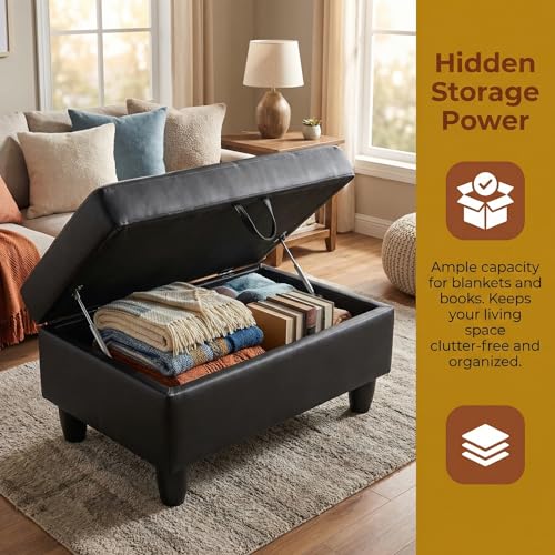 Large Faux Leather Ottoman Foot Rest Stool with Storage,33 in x 22 in x 17 in Stylish Storage Bench for Living Room and Bedroom Accent Piece (Black-Leather)
