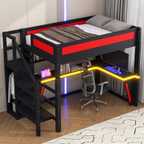 JIVOIT Full Size Gaming Loft Bed Frame with Desk, Wardrobe, Side Ladder, Shelves (Black+Red/ 66)