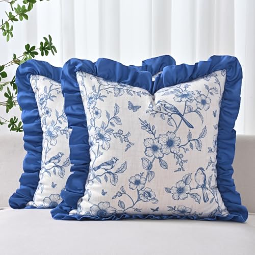 Floral Linen Throw Pillow Covers 18x18 Inches Set of 2, Farmhouse Decorative Couch Pillow Covers with Ruffle, French Country Throw Pillowcases Soft Cushion Covers for Sofa Bed Living Room, Blue