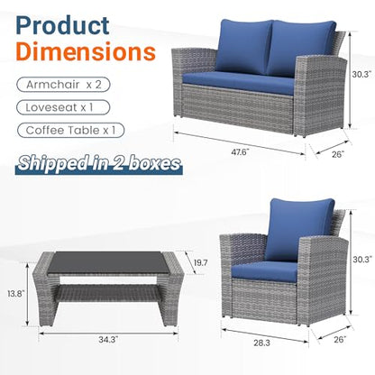 Patio Furniture Set, Wicker Outside Outdoor Furniture for All Weather, Patio Sofa with High Backrest Support and Wide Armrest for Backyard, Balcony, Deck, Porch, Navy Blue