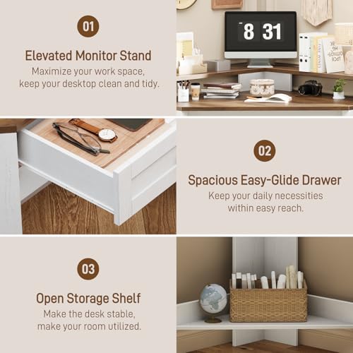 Corner Desk, Triangle Computer Desk Home Office Workstation with Drawer and Monitor Stand for Small Spaces Farmhouse Corner Vanity Table for Bedroom Study, Living Room (Rustic White and Brown)
