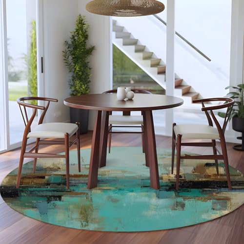 Round Area Rug 6 Ft, Modern Abstract Washable Non-Slip Circle Carpet for Living Room/Bedroom, Country Color Blocks Teal Brown Low-Profile Indoor Mats Collection Rugs for Residential