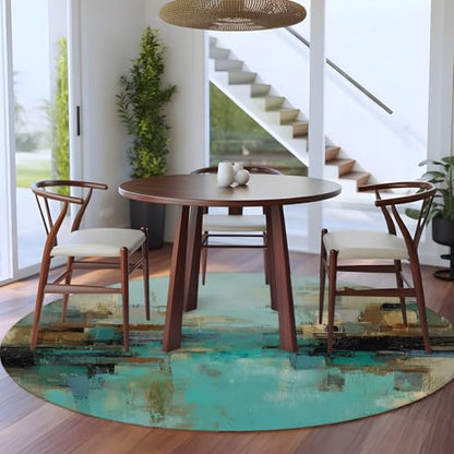 Round Area Rug 6 Ft, Modern Abstract Washable Non-Slip Circle Carpet for Living Room/Bedroom, Country Color Blocks Teal Brown Low-Profile Indoor Mats Collection Rugs for Residential