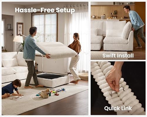 154" Oversized Corduroy Couch Modular Sectional Sofa, Washable Cloud Couch Sectional with 2 Ottoman, 8 Seater Sectional Couches for Living Room, Fully Cover Removable, Corduroy, White