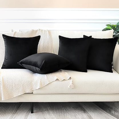 Set of 4 Decorative Throw Pillow Covers Soft Velvet Solid Square Pillow Cases Luxury Cushion Covers Case for Sofa Car Patio Bedroom Living Room 18x18 Inch, Black
